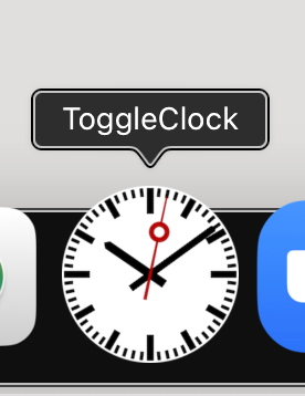A screenshot of the Mac doc with an analog clock icon. The icon is labeled “ToggleClock”